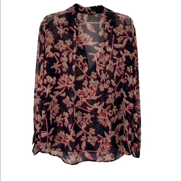 𝅺Zara Floral Red & Blue Oversized V Neck Studded Blouse SZ M - Picture 2 of 12